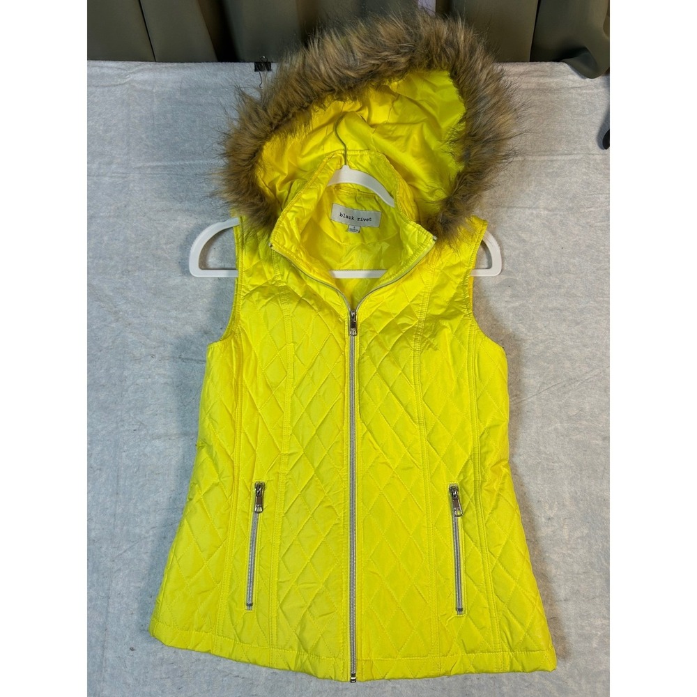 Black Rivet Quilted Puffer Vest Faux Fur Hood Bright Yellow Size S